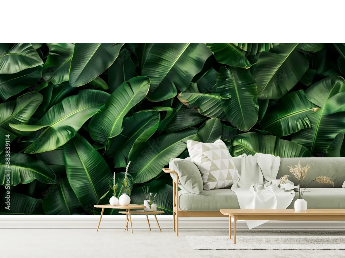 Modelo Mural Hojas Tropicales Verde Oscuro en Vinil Arquitectónico y Papel Tapiz