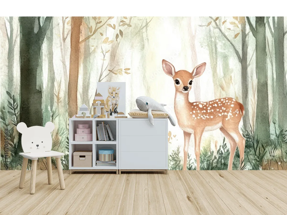 Mural Bosque Encantado con Ciervo Bebé para decoración de sala o recámara