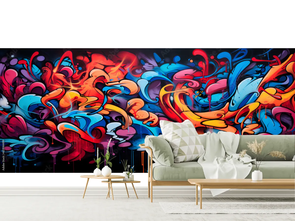 Mural Vibrante Graffiti Abstracción Urbana en Vinil Arquitectónico o Papel Tapiz