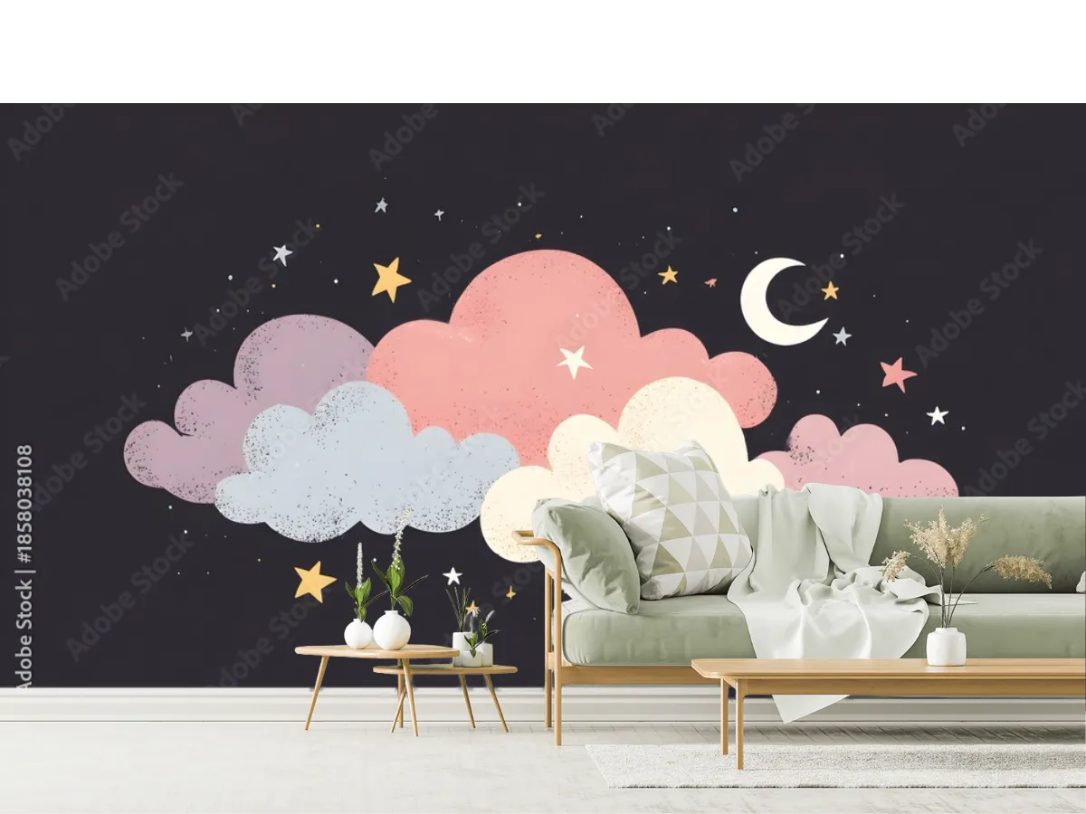 Mural Nubes de Ensueño Nocturno para Niños en Vinil Arquitectónico o Papel Tapiz