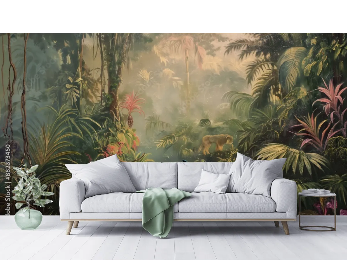 Mural Modelo Paraíso Exótico Selva con Pavo Real - Vinil Arquitectónico y Papel Tapiz