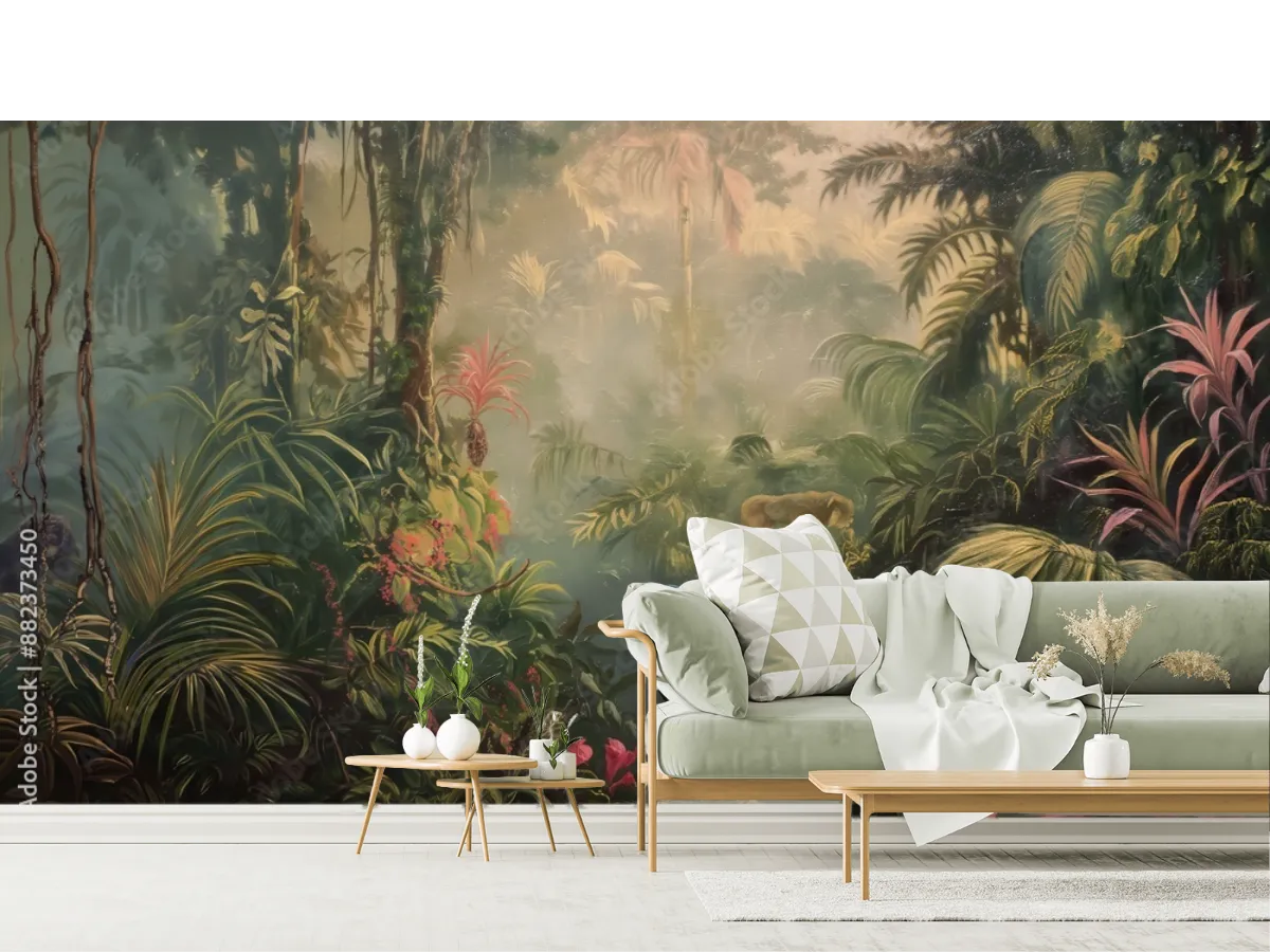 Mural Modelo Paraíso Exótico Selva con Pavo Real - Vinil Arquitectónico y Papel Tapiz