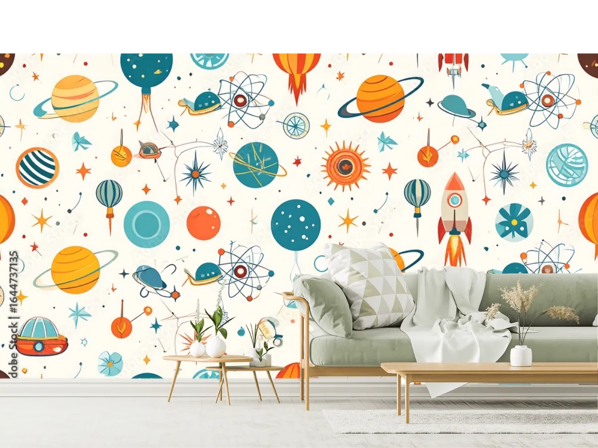 Mural Galaxia Retro para Niños - Vinil Arquitectónico o Papel Tapiz