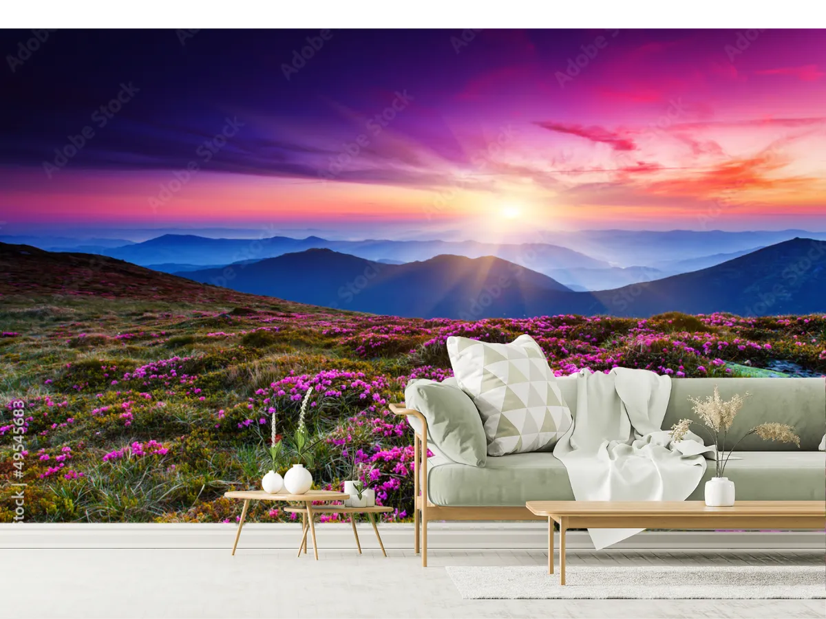 Mural Amanecer Violetas Sobre Montañas en Vinil Arquitectónico o Tapiz