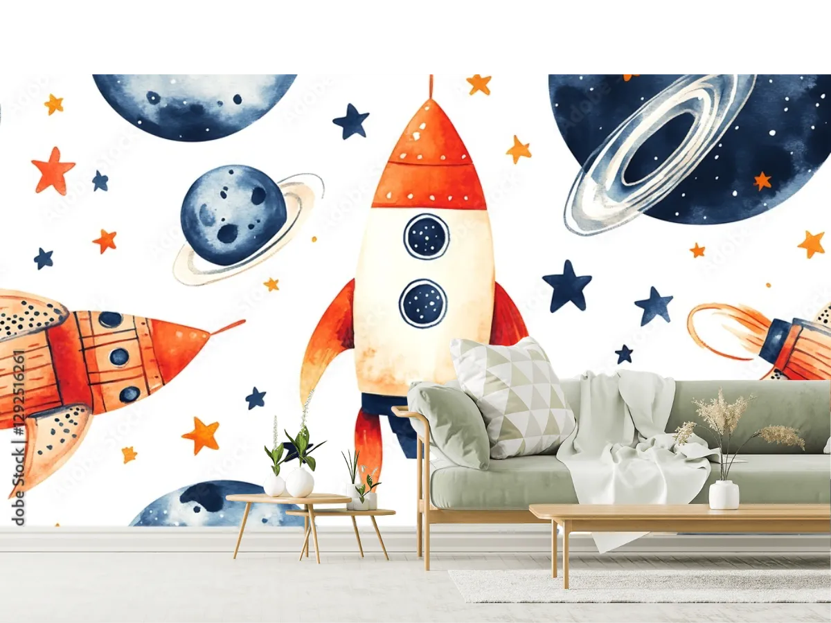 Mural Espacial Infantil Cohetes y Planetas | Vinil Arquitectónico y Papel Tapiz