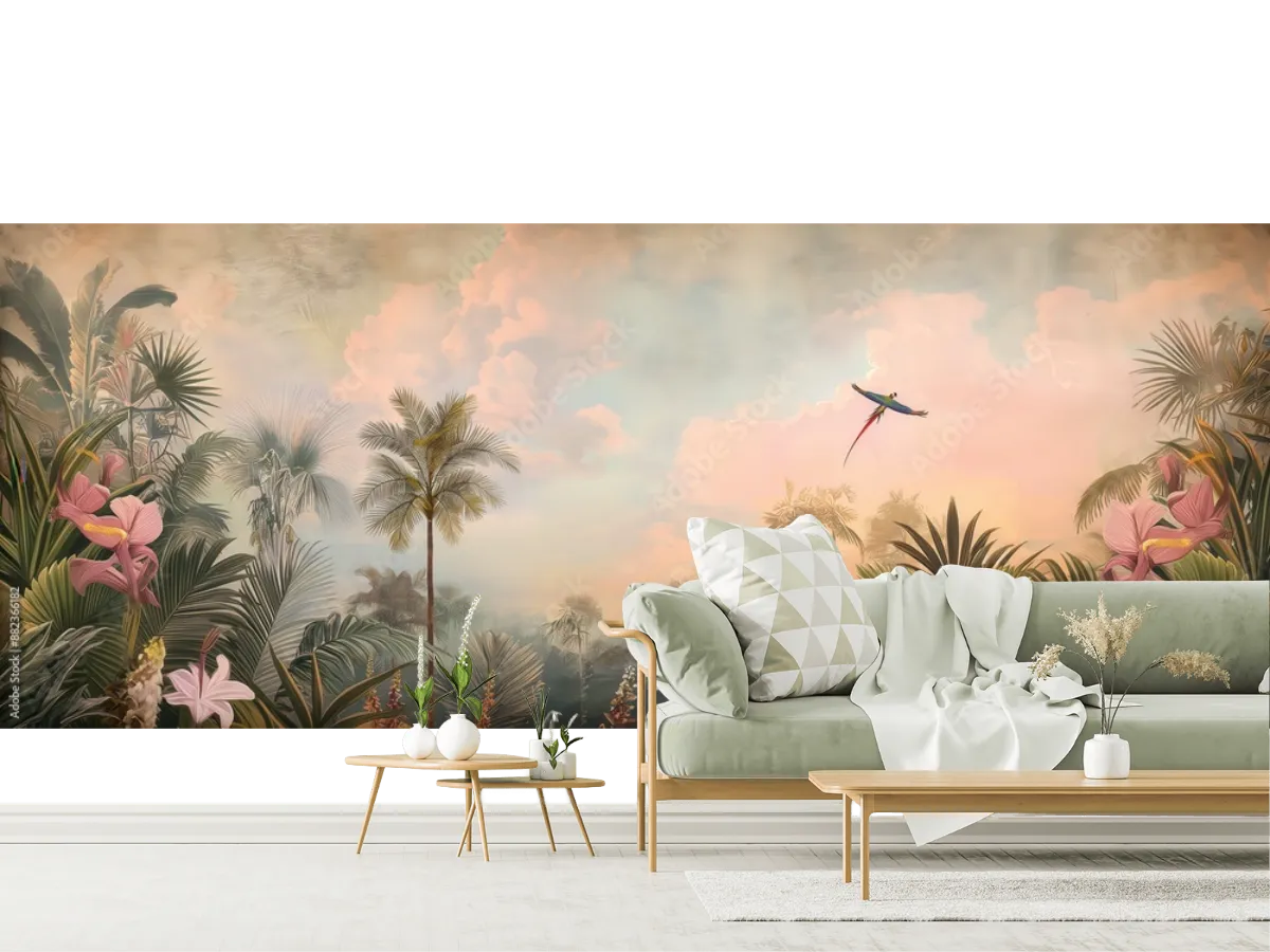 Mural Jardín Tropical Amanecer para Sala o Recámara - Vinil o Tapiz a Medida