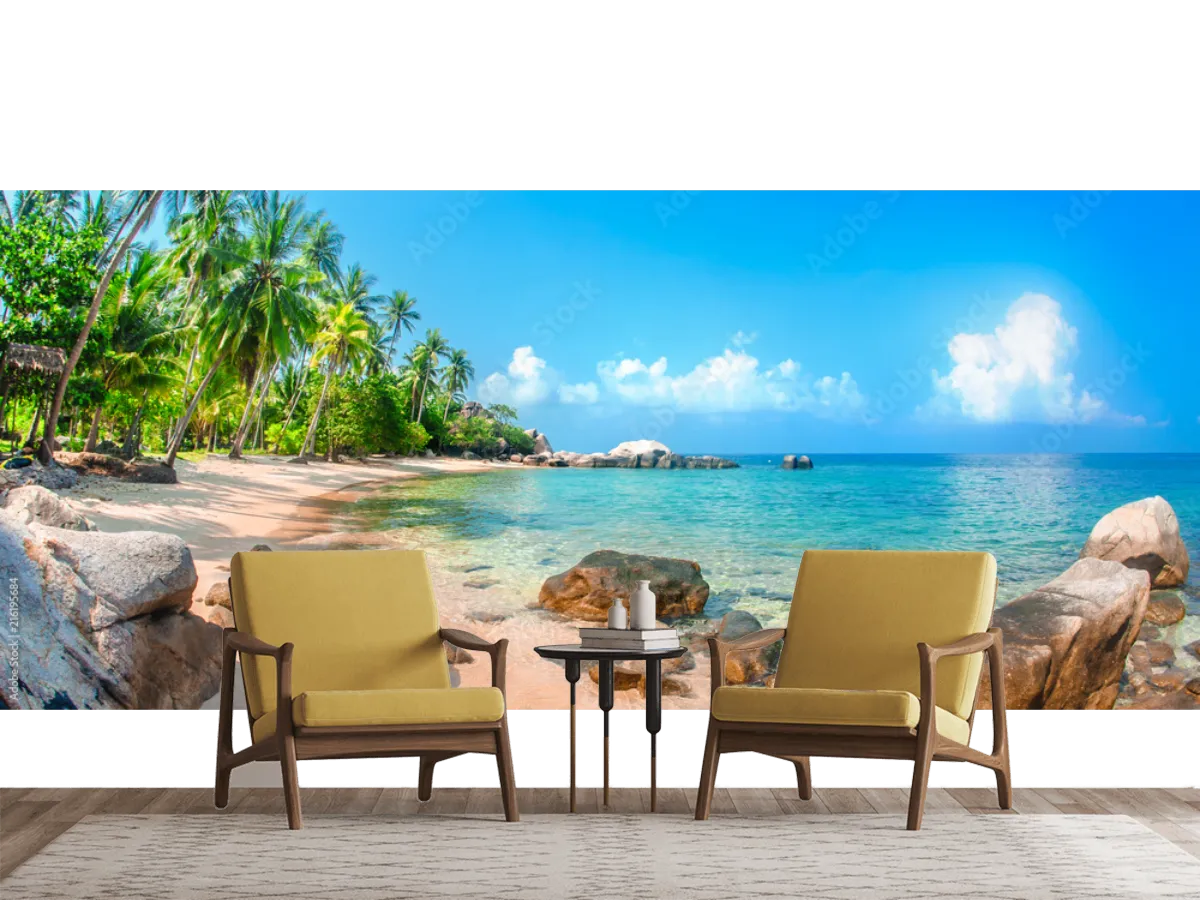 Mural Paraíso Tropical Azul – Fotomural Vinil Arquitectónico Decorativo