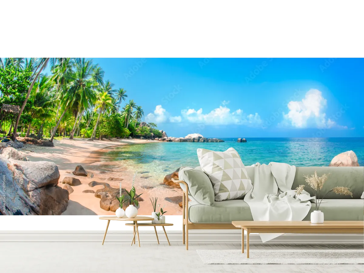 Mural Paraíso Tropical Azul – Fotomural Vinil Arquitectónico Decorativo