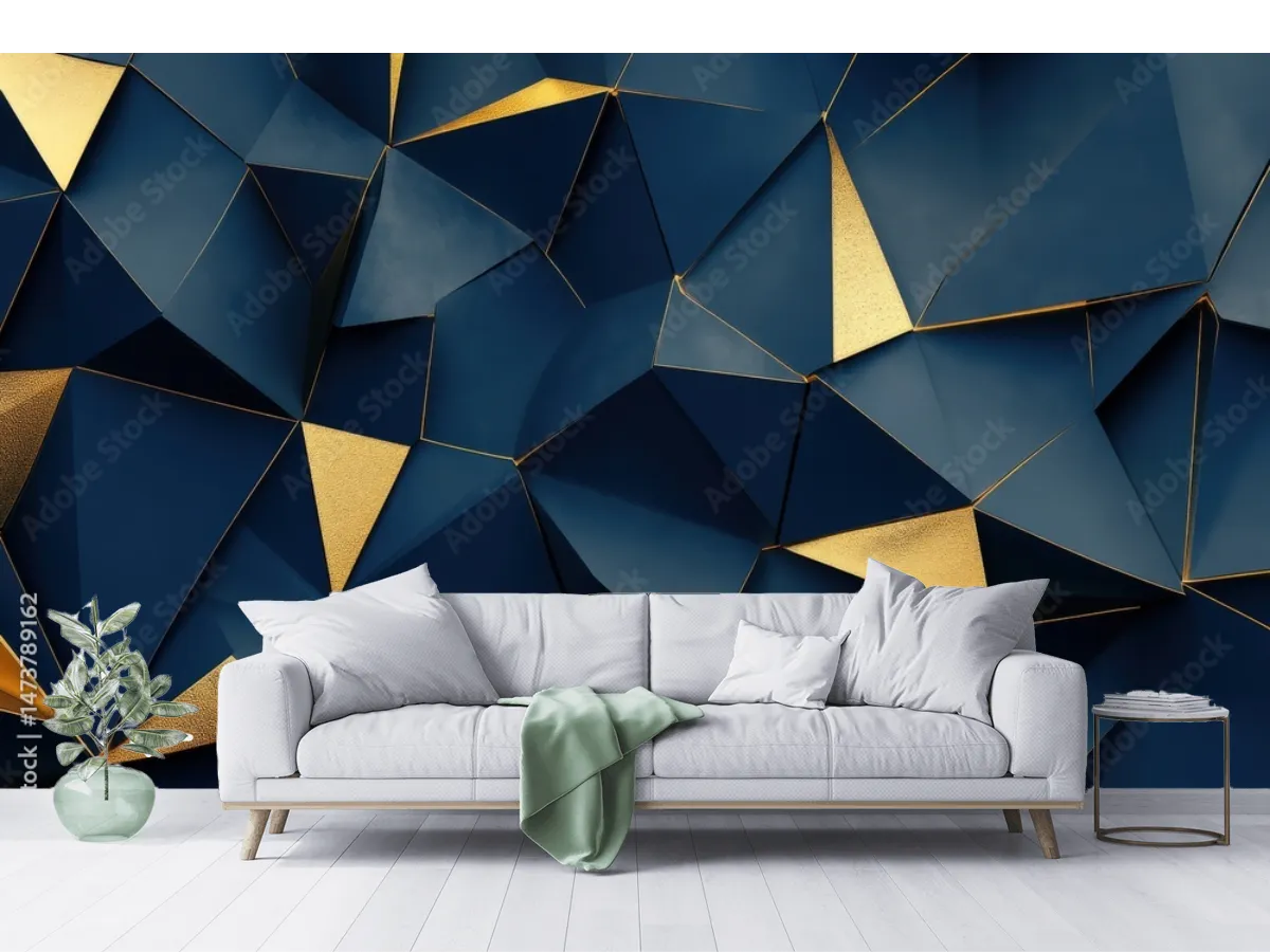 Mural Prisma Azul y Oro para Sala y Oficina, Vinil Arquitectónico o Papel Tapiz