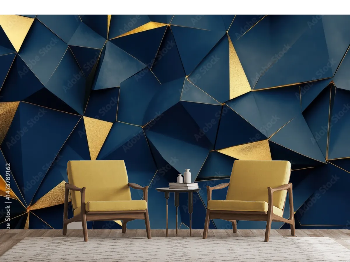 Mural Prisma Azul y Oro para Sala y Oficina, Vinil Arquitectónico o Papel Tapiz