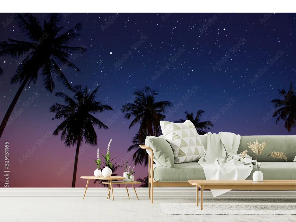 Mural Nocturno Palmeras y Estrellas para Sala - Vinil Arquitectónico o Papel Tapiz