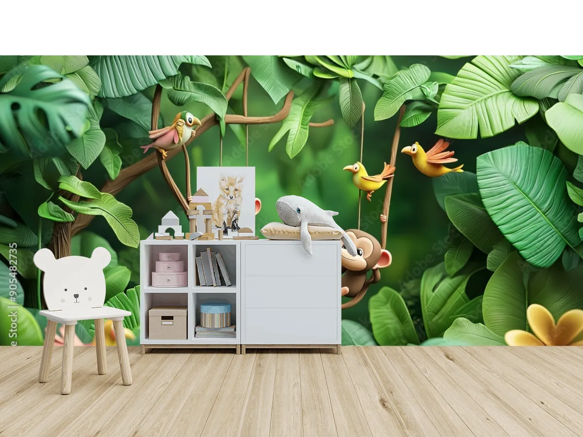 Mural Jungla Traviesa Monitos y Pájaros para Cuarto Infantil Vinil o Tapiz