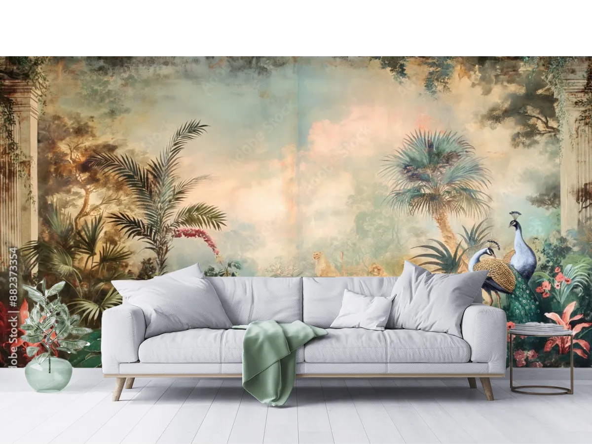 Mural Oasis Salvaje de Ensueño vinil arquitectónico para sala