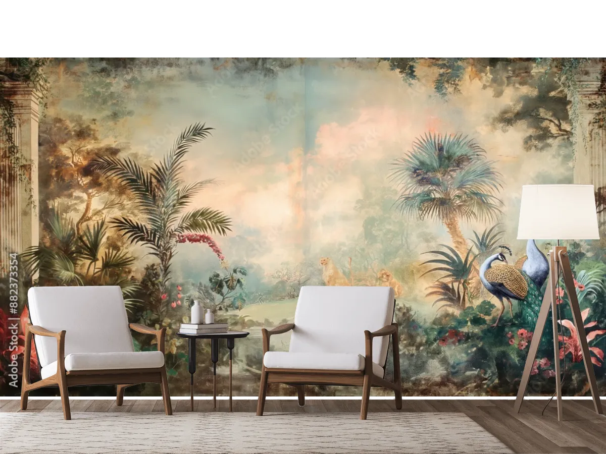 Mural Oasis Salvaje de Ensueño vinil arquitectónico para sala