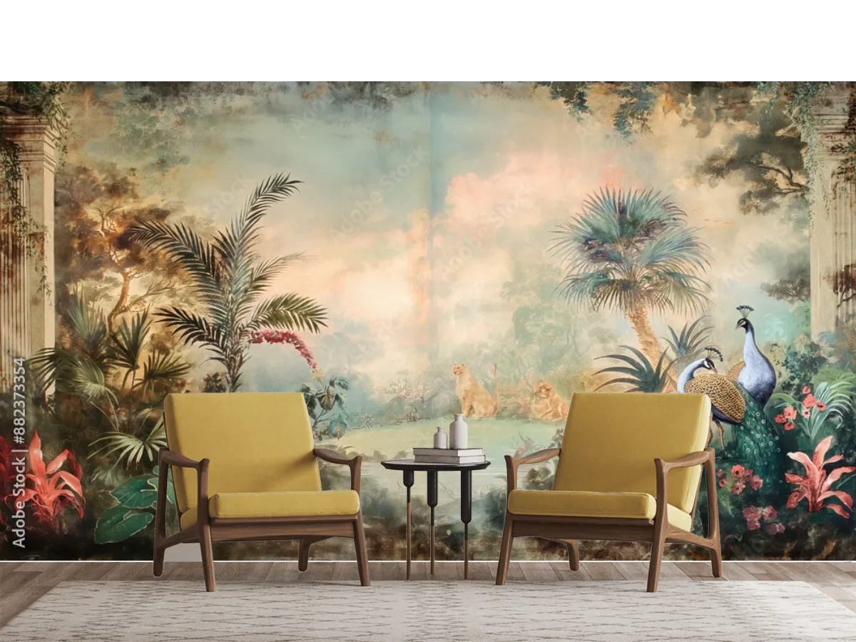 Mural Oasis Salvaje de Ensueño vinil arquitectónico para sala