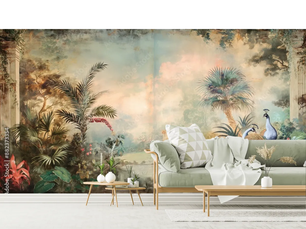 Mural Oasis Salvaje de Ensueño vinil arquitectónico para sala