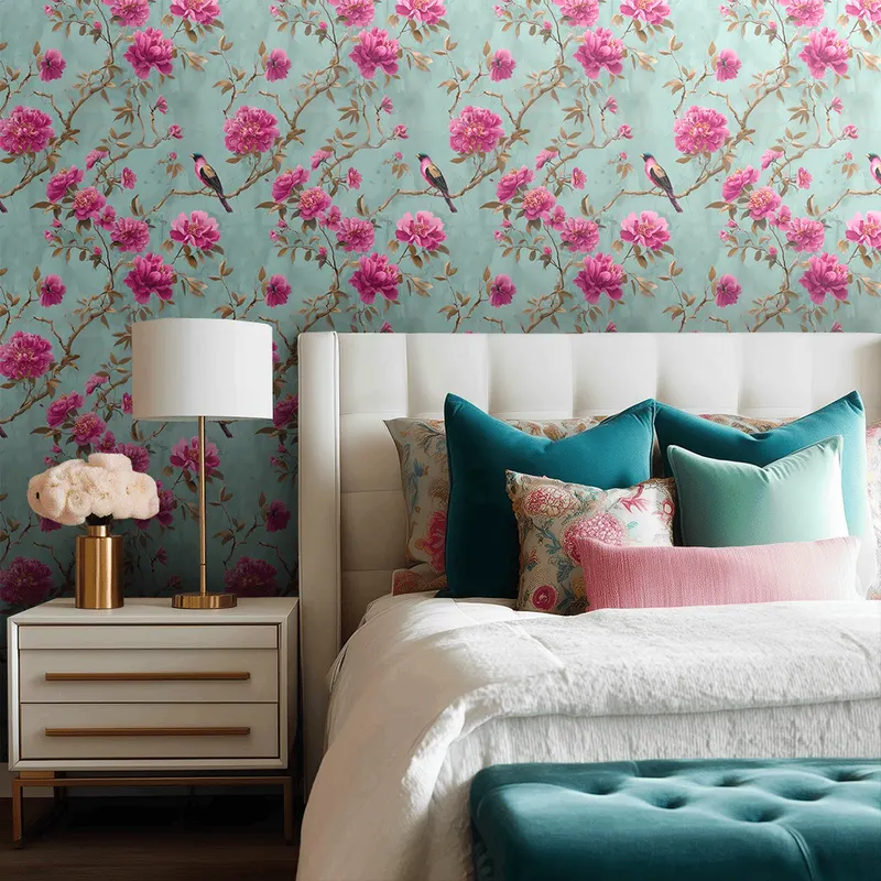 Papel tapiz Flores Fucsia y Aves sobre Aqua