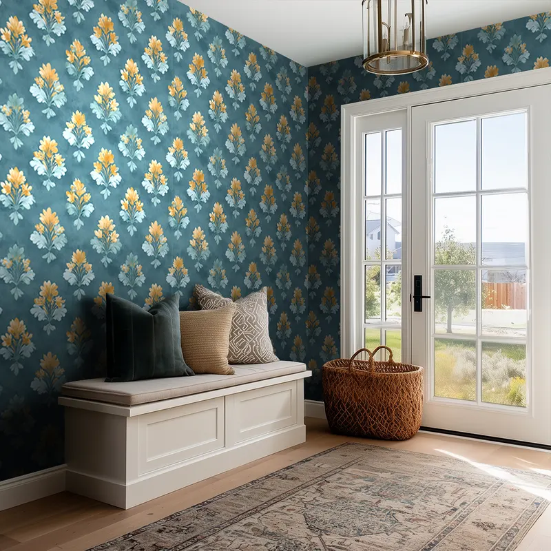 Papel tapiz Ramos Ocre sobre Azul Petróleo