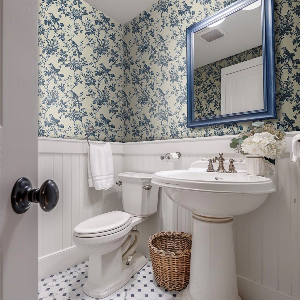 Papel tapiz Aves Azules entre Flores Toile