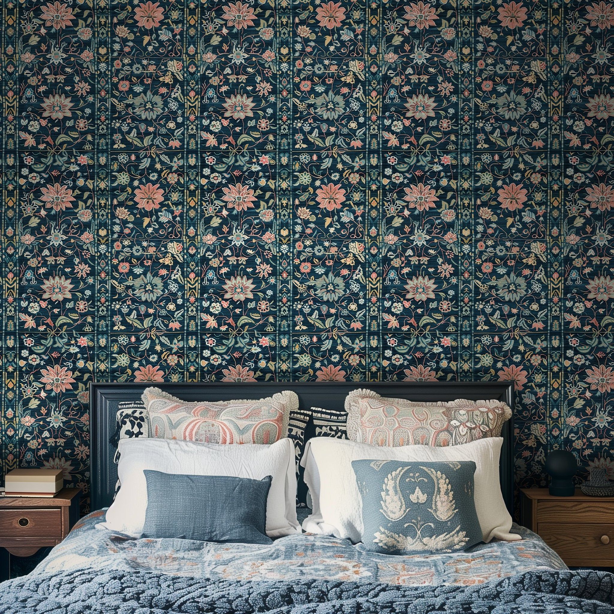 Papel tapiz Jardín floral clásico azul