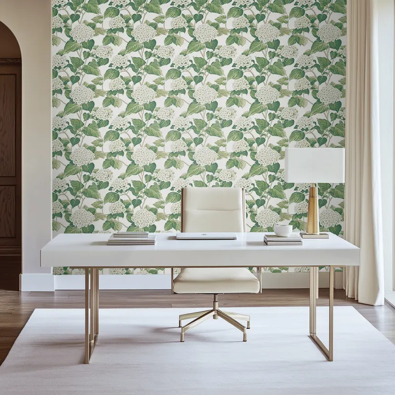 Papel tapiz Hortensias Blancas y Hojas Verdes