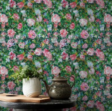 Papel tapiz Rosas Pictóricas Rosa y Verde