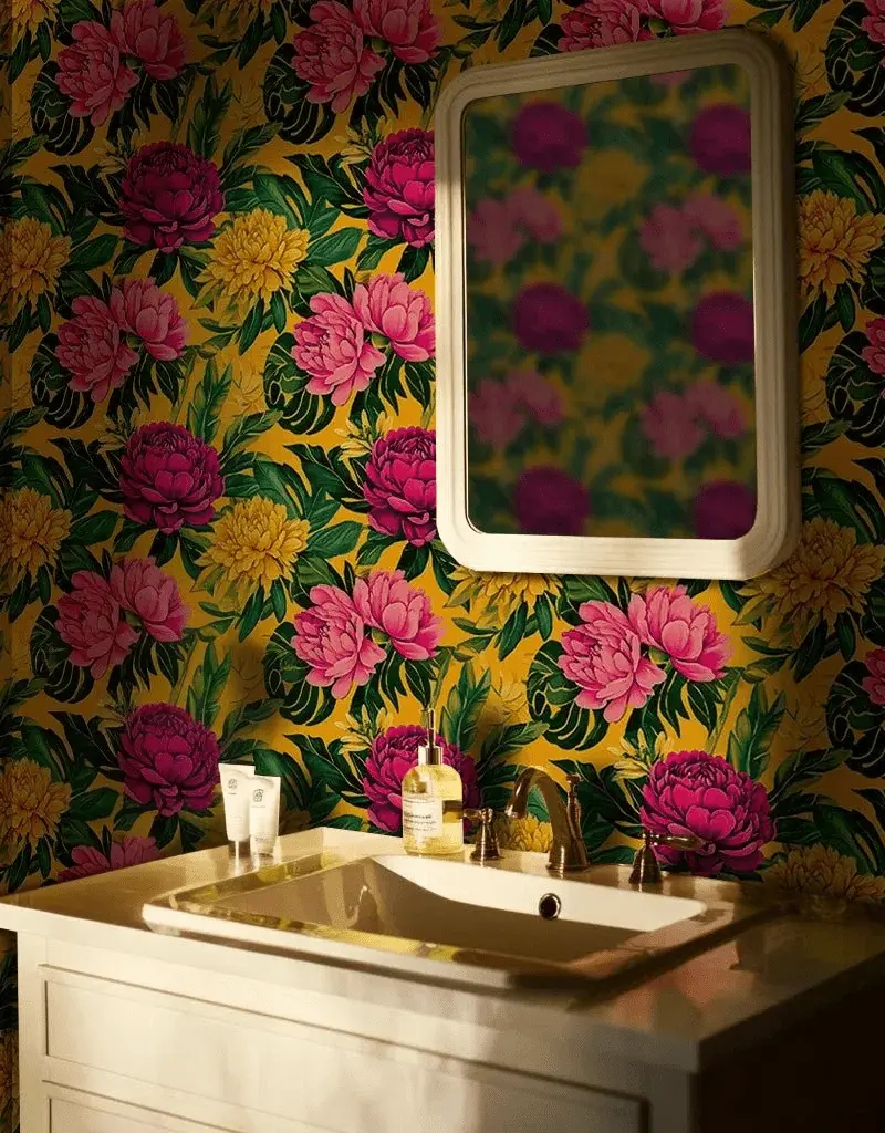 Papel tapiz Flores Fucsia Fondo Amarillo