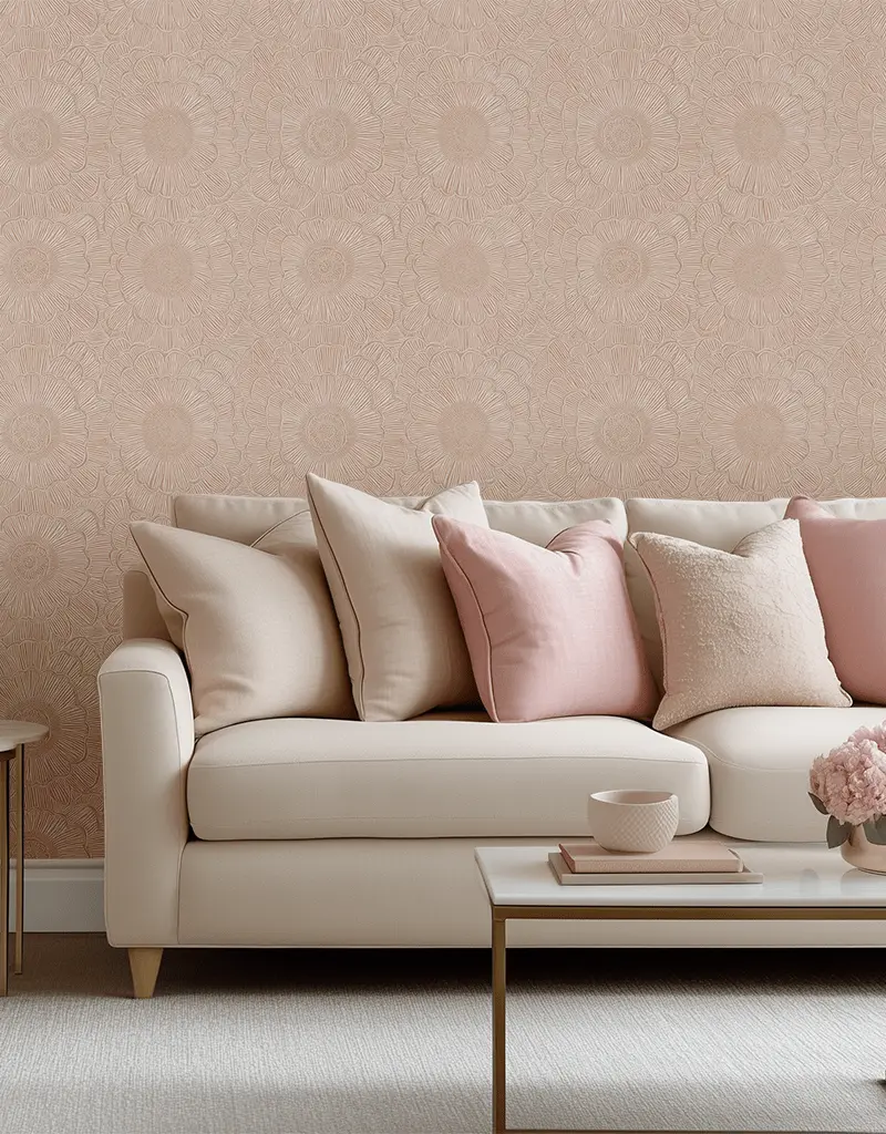 Papel tapiz Flores de Línea Fina Rosa Arena