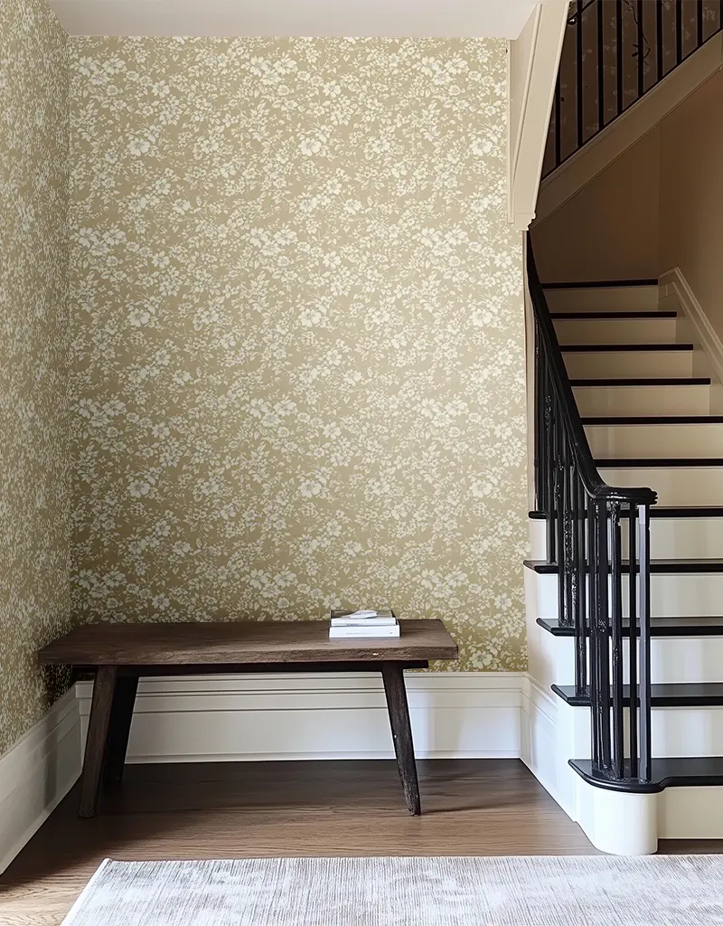 Papel tapiz Flores Blancas sobre Beige