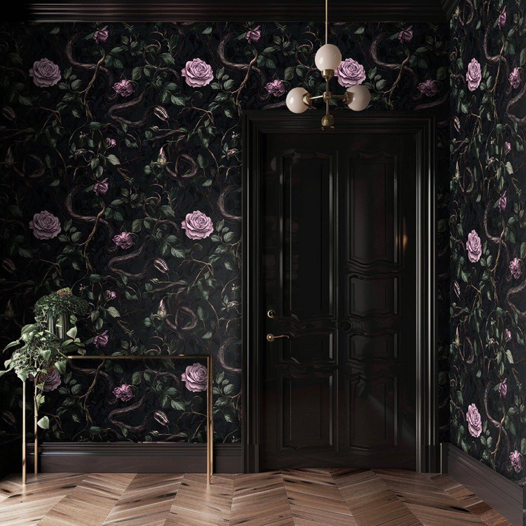 Papel tapiz Rosas malva y serpientes oscuras