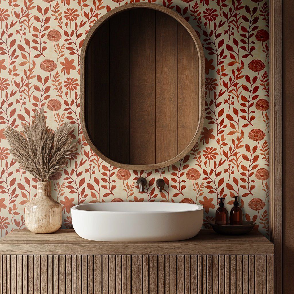 Papel tapiz Flores y ramas terracota