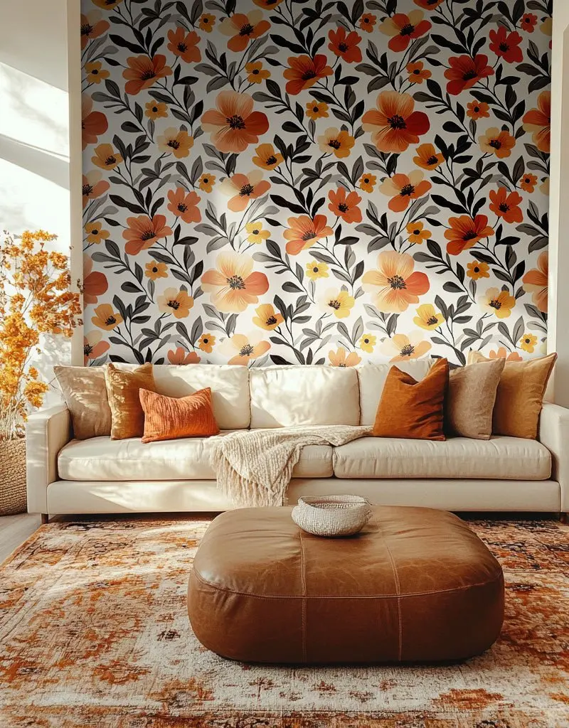 Papel tapiz Flores naranja y ramas oscuras