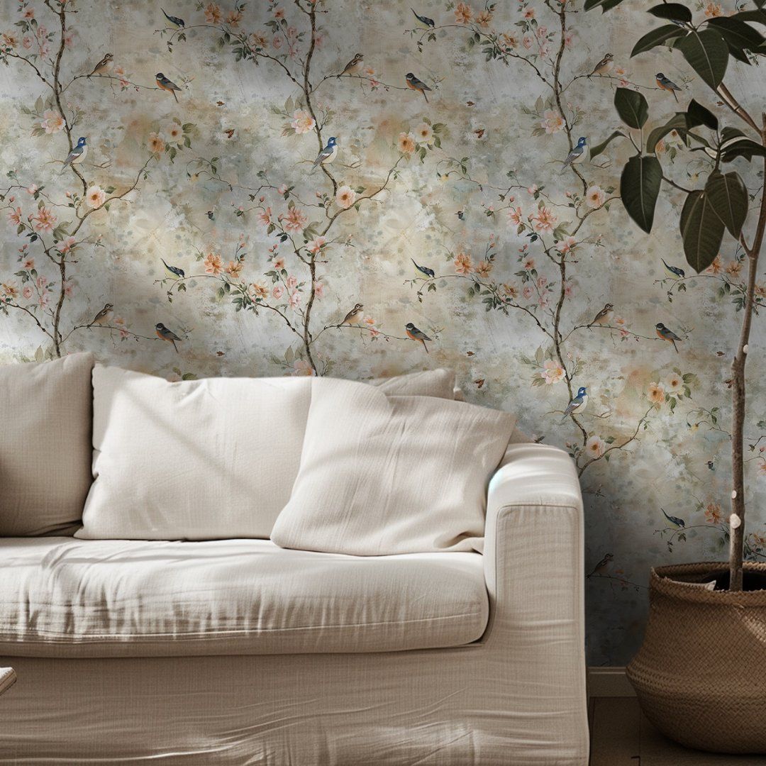 Papel tapiz Aves y flores de tonos suaves