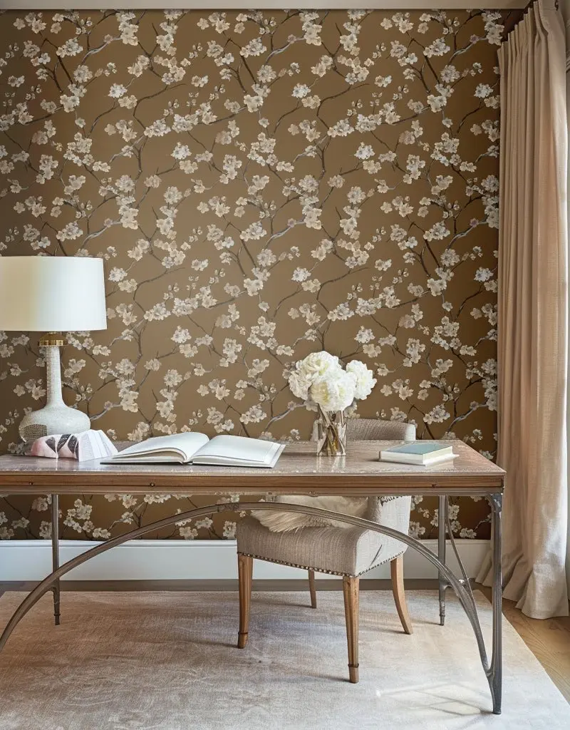 Papel tapiz Flores blancas sobre café