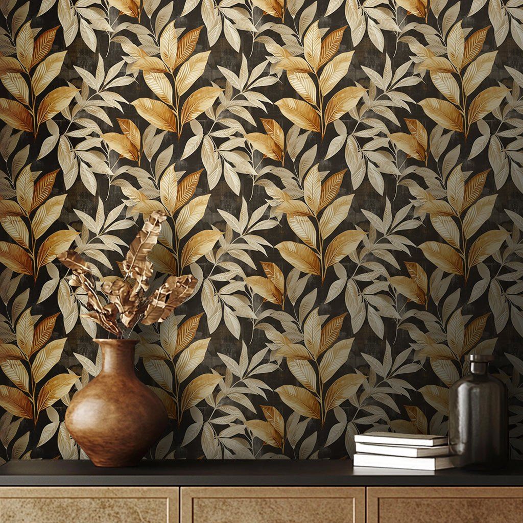 Papel tapiz botánico hojas doradas crema fondo oscuro