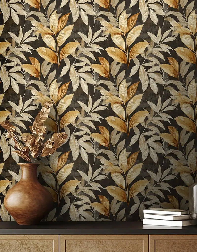 Papel tapiz botánico hojas doradas crema fondo oscuro