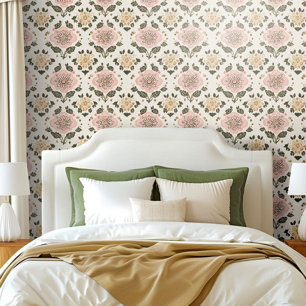 Papel tapiz Flores Rosa y Verde Oliva