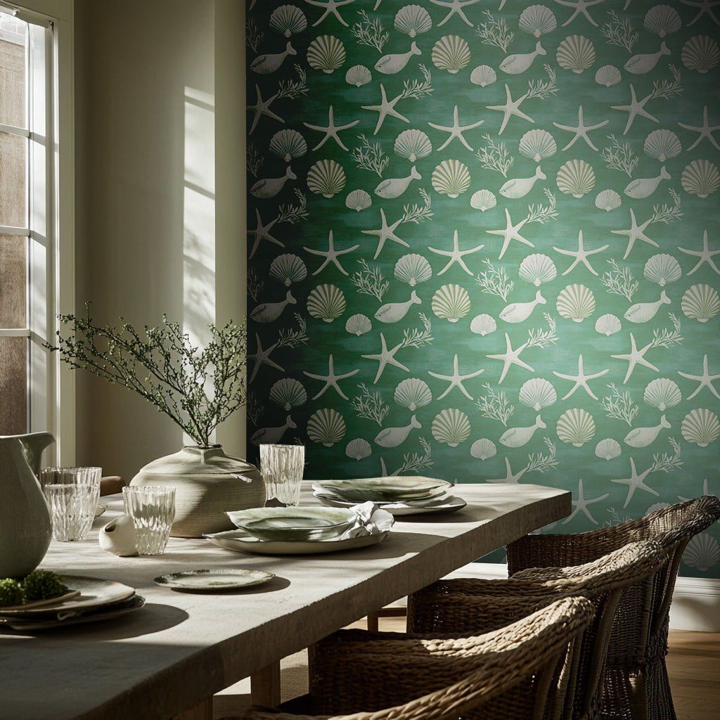 Papel tapiz Ballenas y Conchas Verde Mar