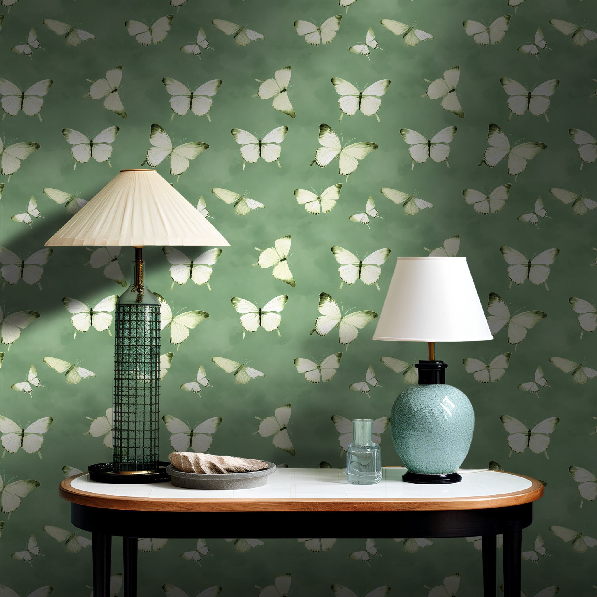 Papel tapiz Mariposas Marfil Fondo Verde