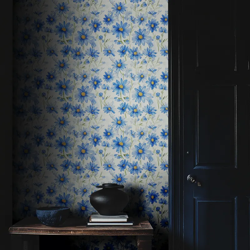 Papel tapiz Flores Azules Fondo Blanco