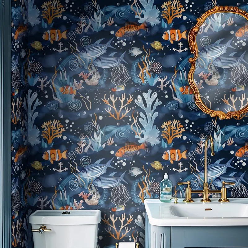 Papel tapiz Mundo Marino Azul y Naranja
