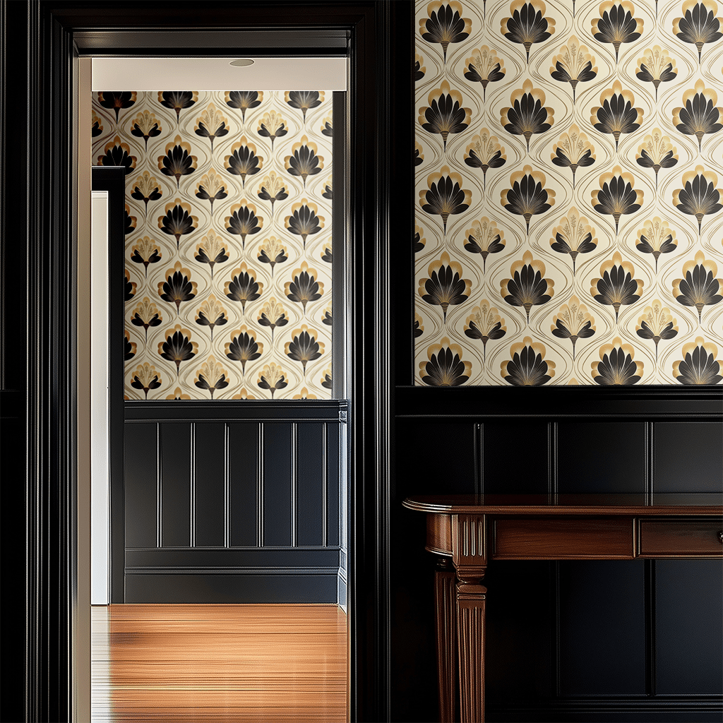 Papel tapiz Flores Art Déco Negro y Ocre