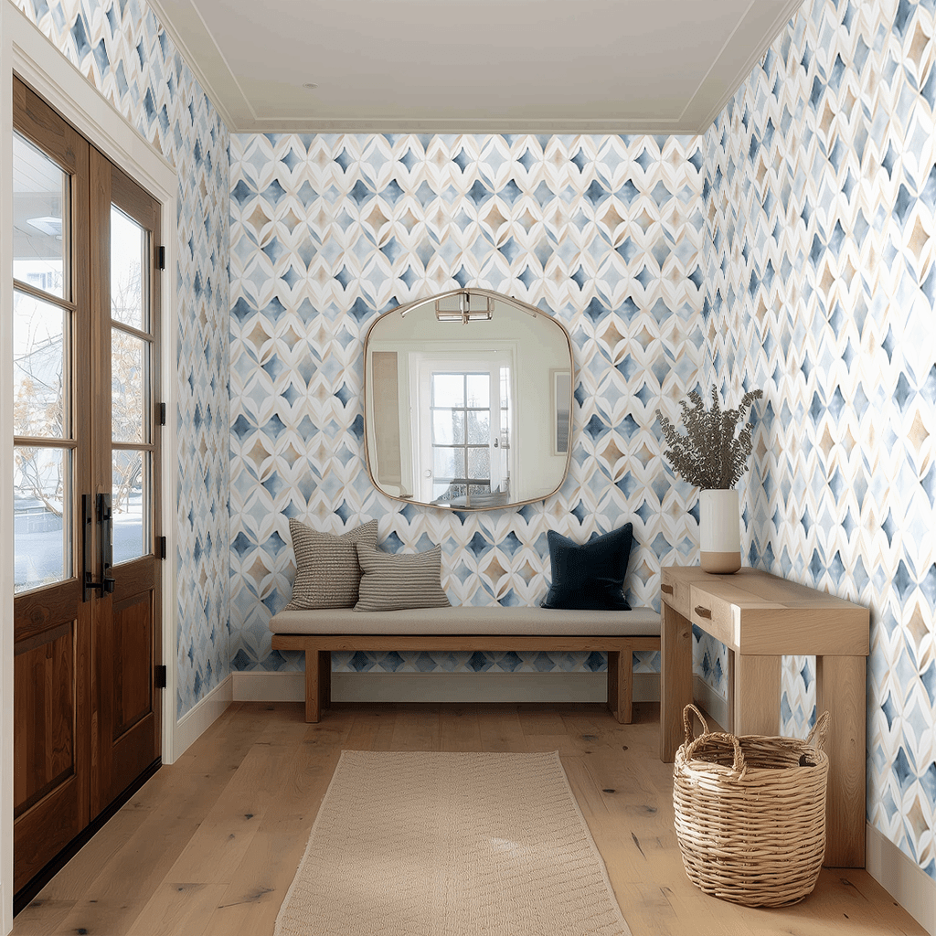 Papel tapiz Rombos Acuarela Azul y Arena