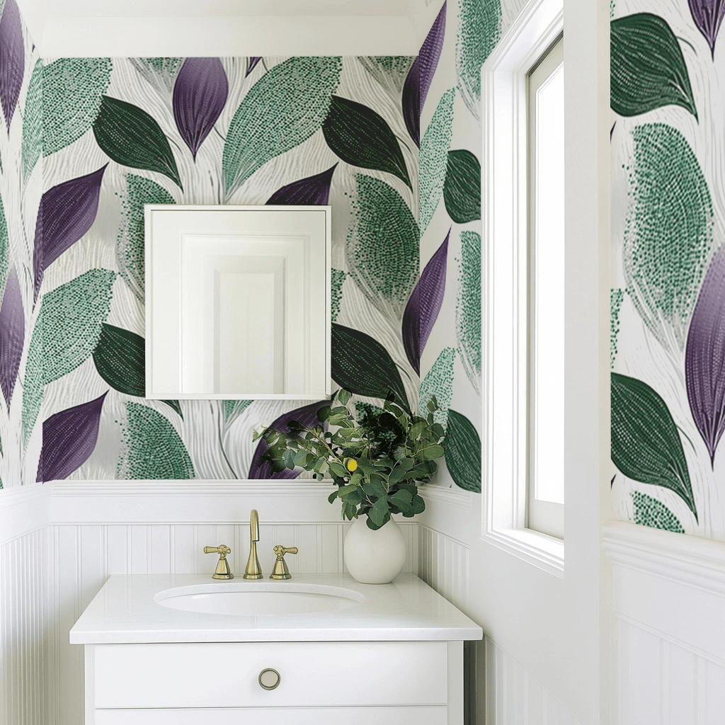 Papel tapiz Hojas Verde y Violeta