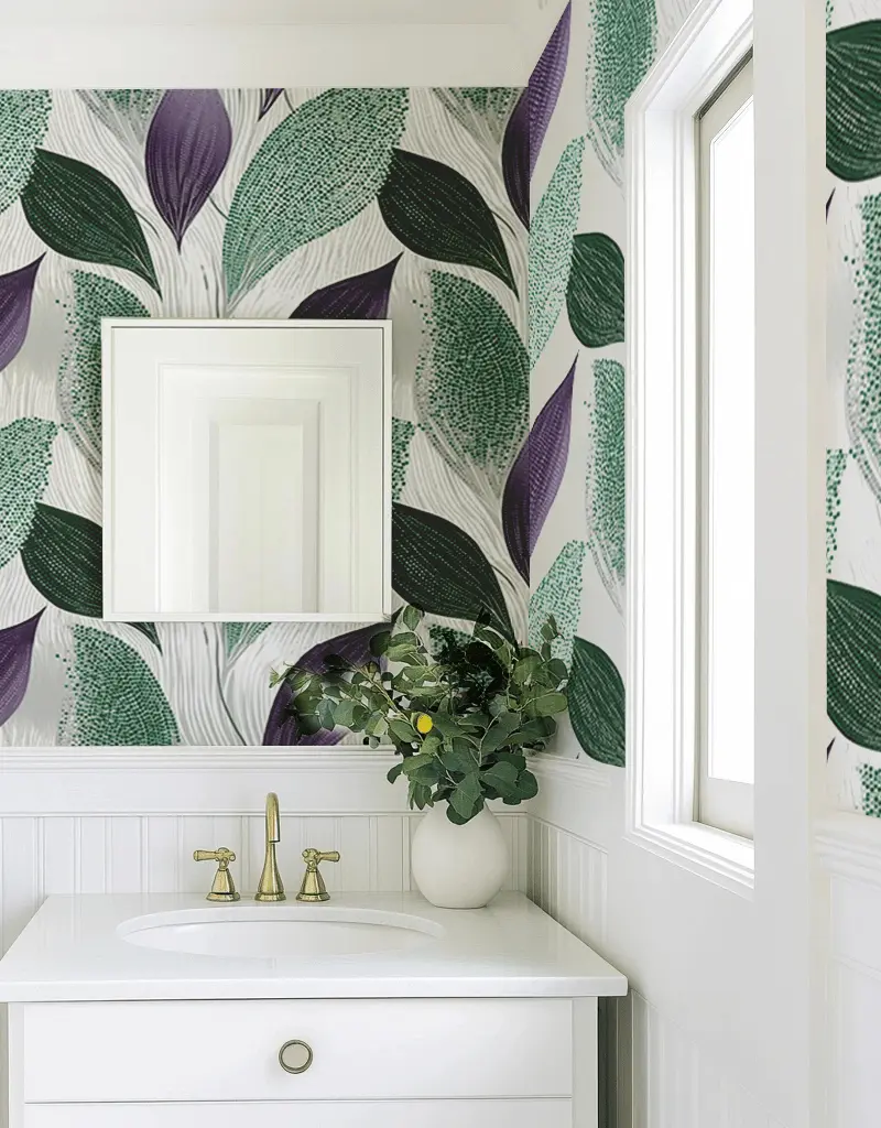 Papel tapiz Hojas Verde y Violeta