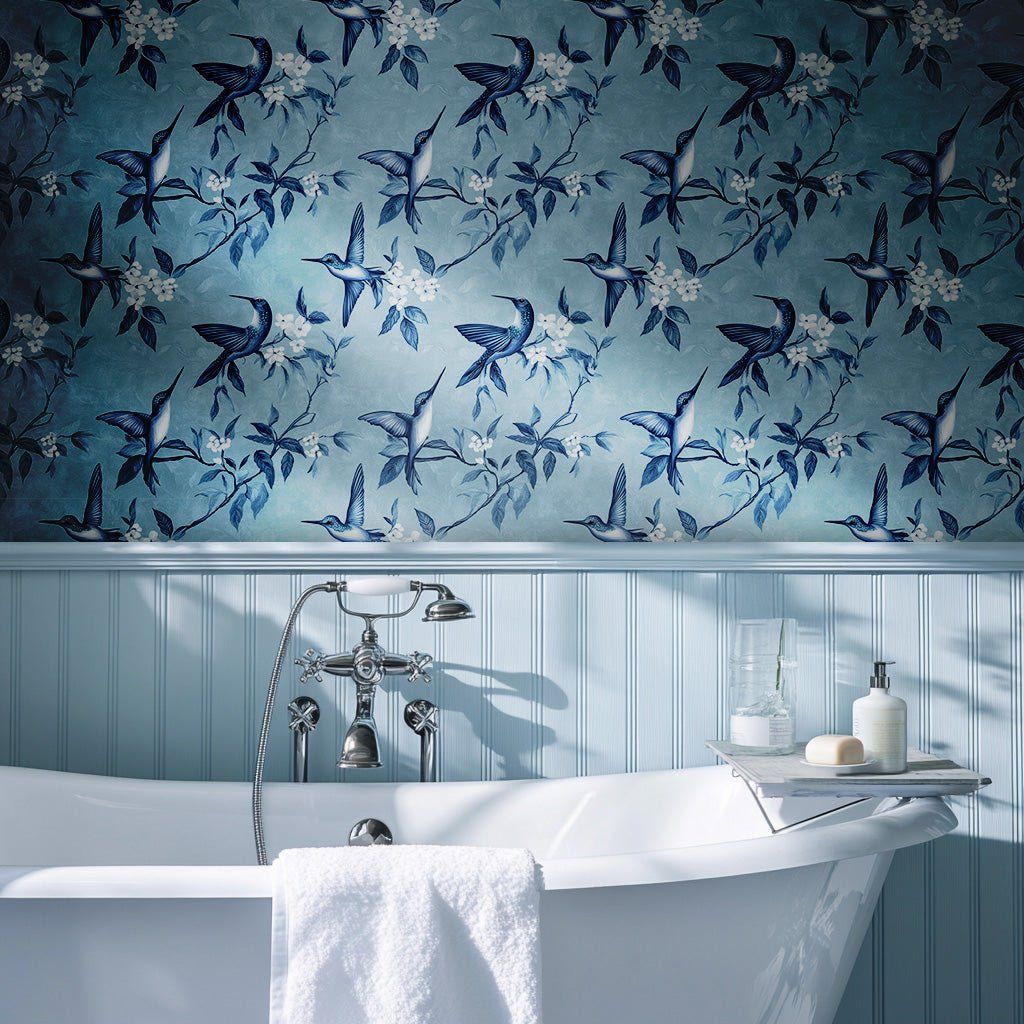 Papel tapiz Colibríes Azules y Flores Blancas