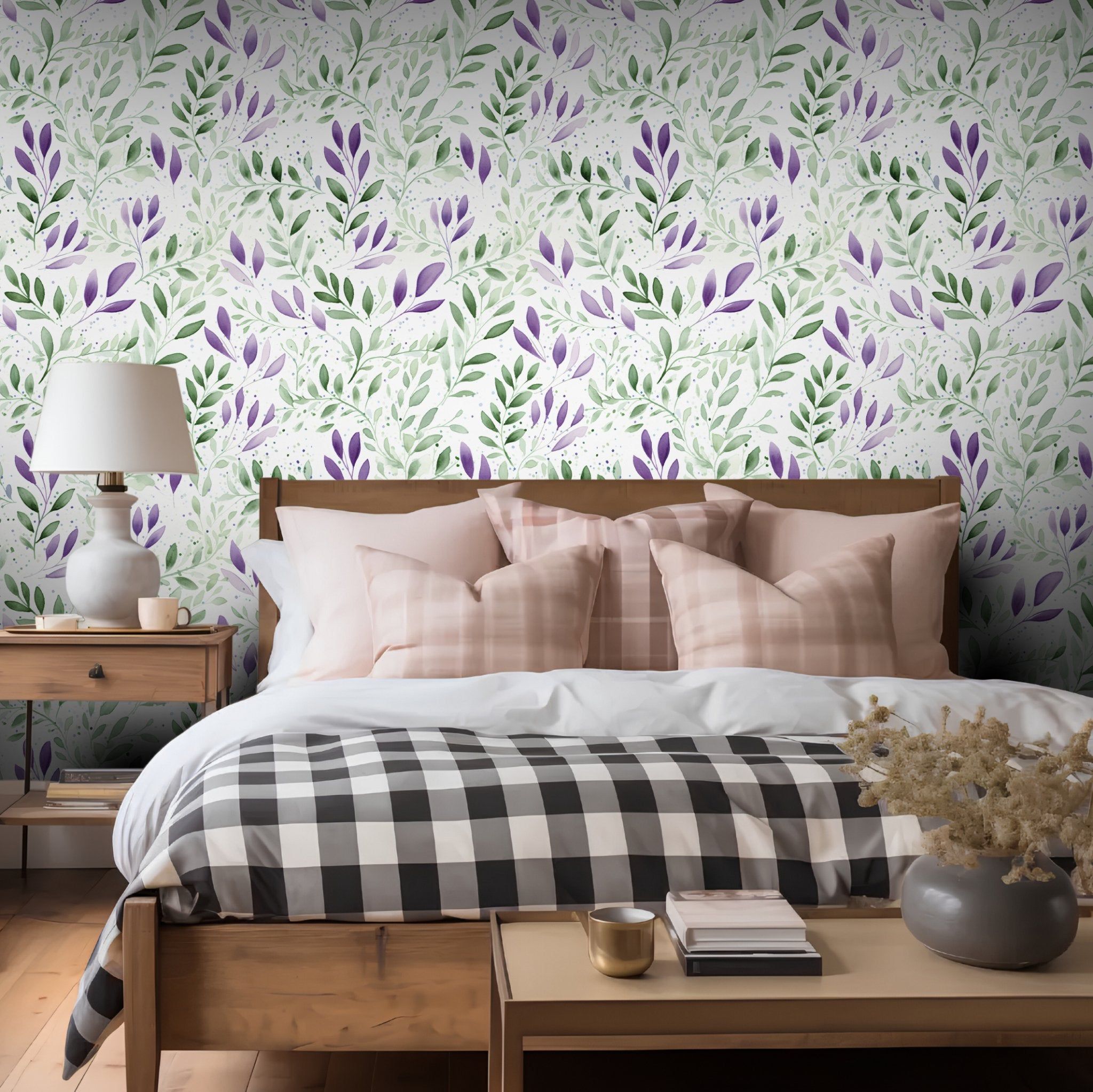 Papel tapiz Hojas Acuarela Verde y Violeta