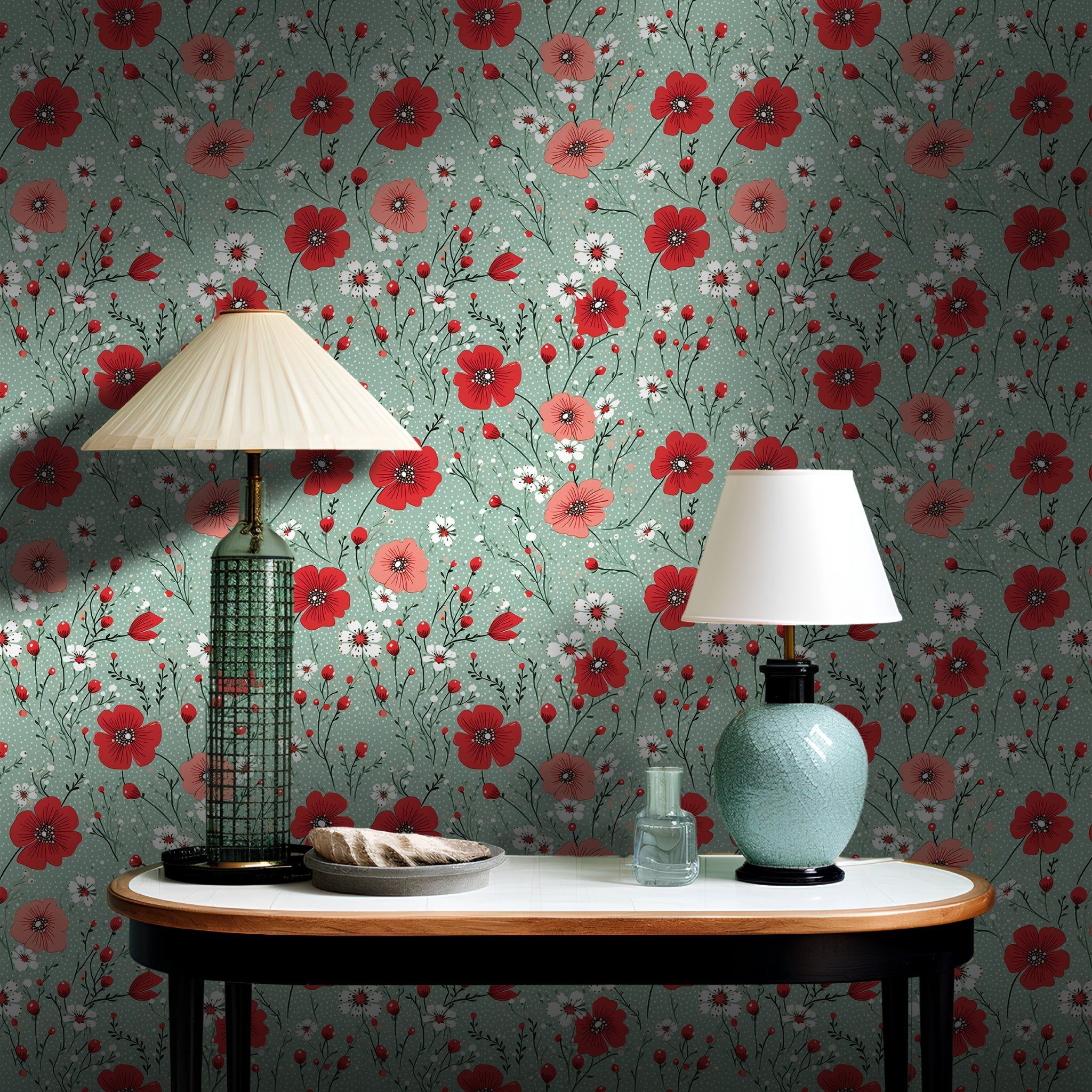 Papel tapiz Flores Rojas Fondo Verde Suave