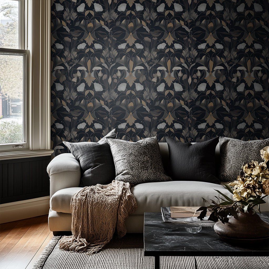 Papel tapiz Flores Marfil Fondo Azul Oscuro