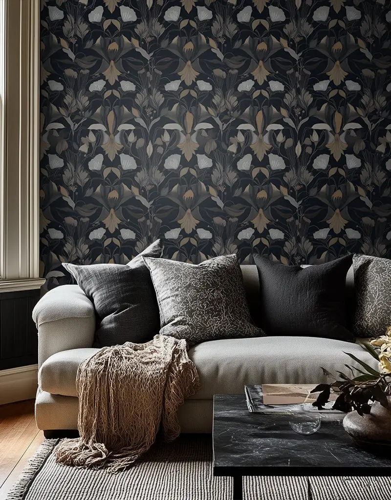 Papel tapiz Flores Marfil Fondo Azul Oscuro